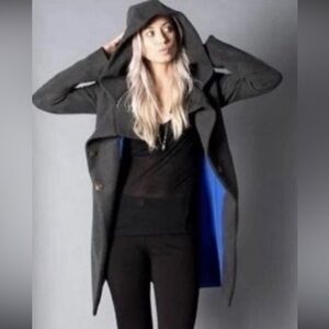 Betabrand Women S All Day Coat Charcoal Gray Hood Mock Neck Pocket Melissa Fleis